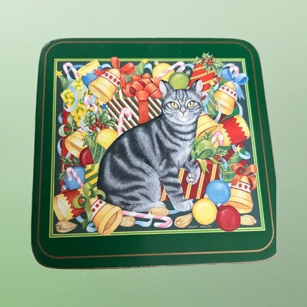 Set of 5 Pimpernel Christmas Cat Coaster Collection Cork Back Siamese Tabby B12